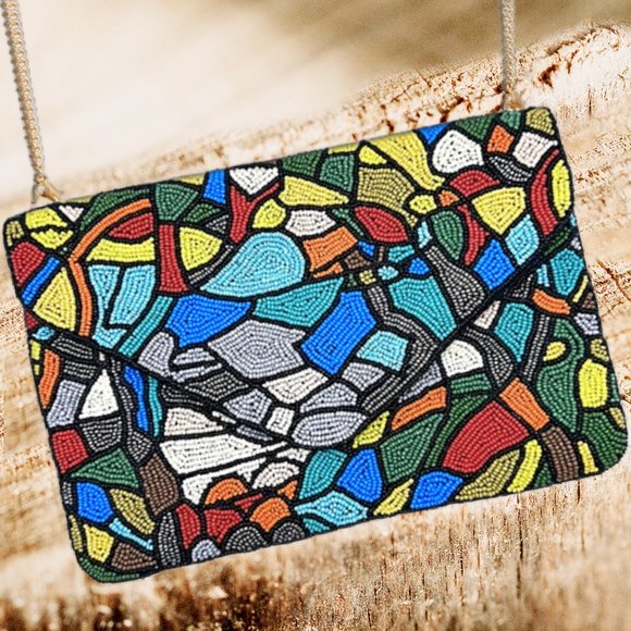 Stained Glass Window Glass Seed Beaded Colorful Crossbody Clutch Handbag NEW - Picture 3 of 4